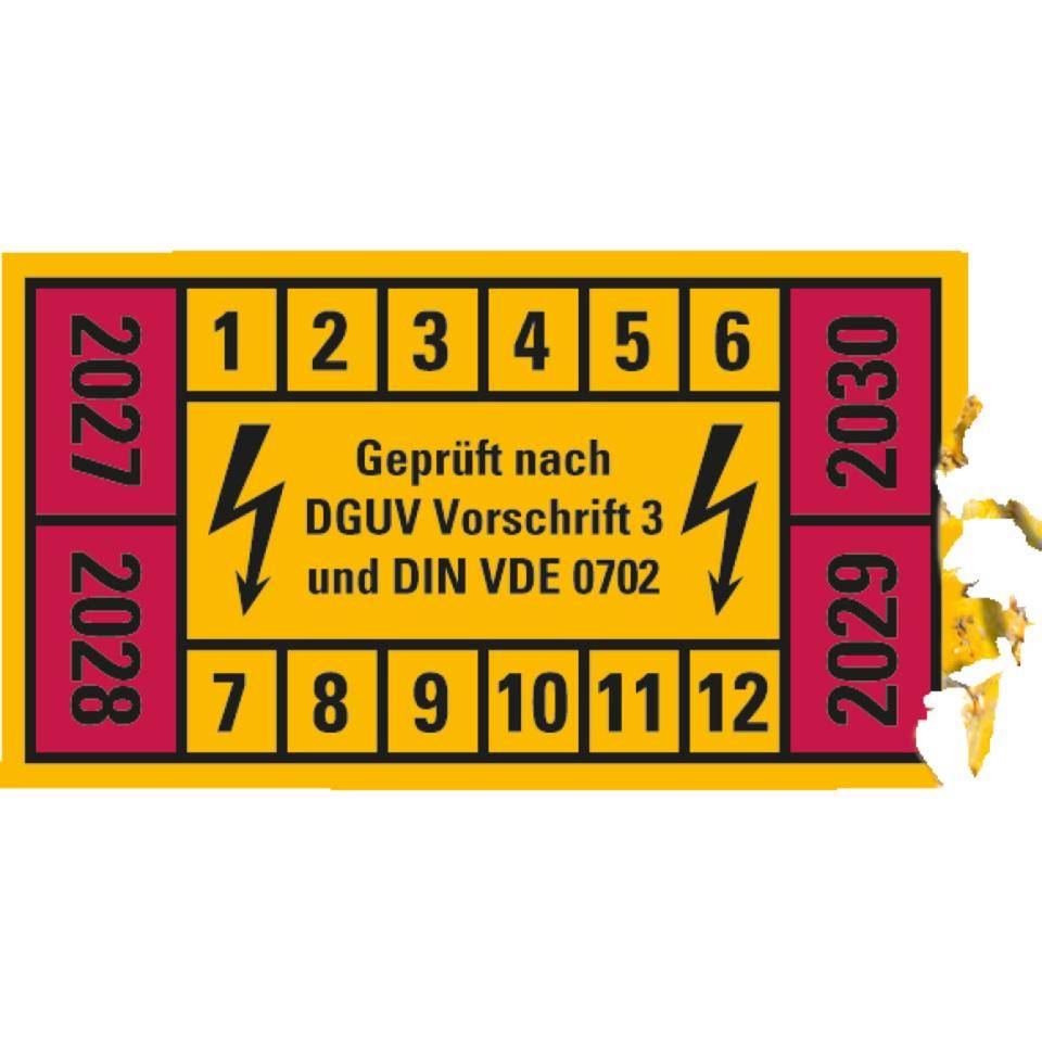 Prüfplakette n.DGUV 3 27-30, gelb/rot, Dokumentenfolie, selbstklebend, 45x25mm, 12/Bogen