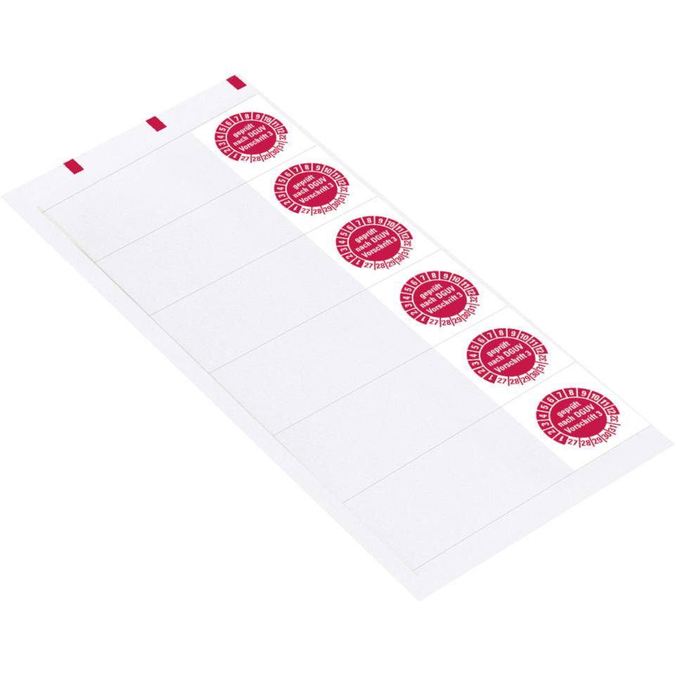 Kabelprüfplakette geprüft n. DGUV 3 27-32, rot, Folie, selbstklebend, 57x25mm, 6/Bogen
