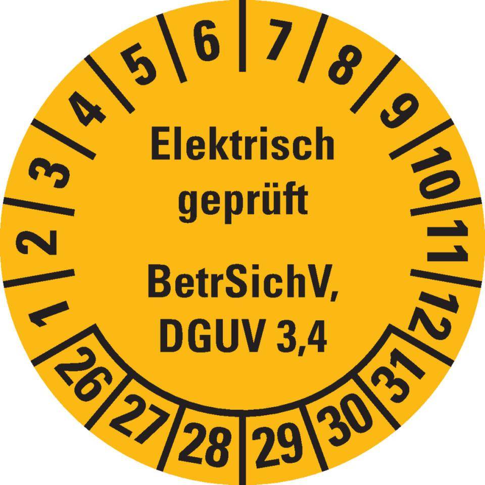 Prüfplakette Elektronisch geprüft, BetrSichV, DGUV 3/4, 26-31, gelb, Dokumentenfolie, Ø 30mm, 18/Bogen