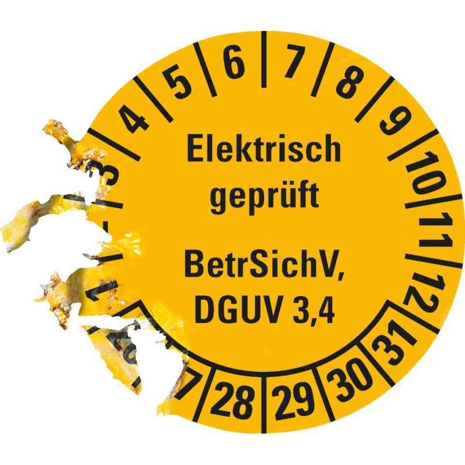 Prüfplakette Elektronisch geprüft, BetrSichV, DGUV 3/4, 26-31, gelb, Dokumentenfolie, Ø 30mm, 18/Bogen