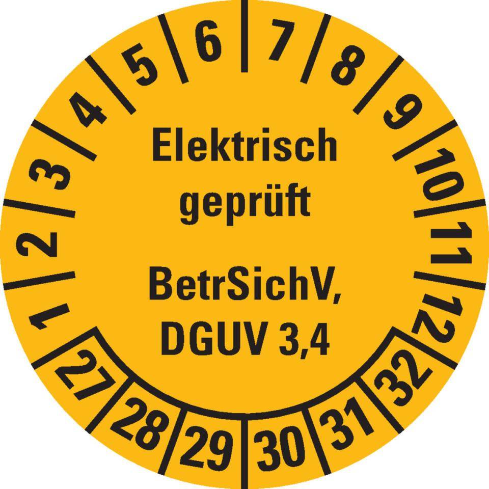 Prüfplakette Elektrisch geprüft, BetrSichV, DGUV 3/4, 27-32, gelb, Dokumentenfolie, Ø 30mm, 18/Bogen