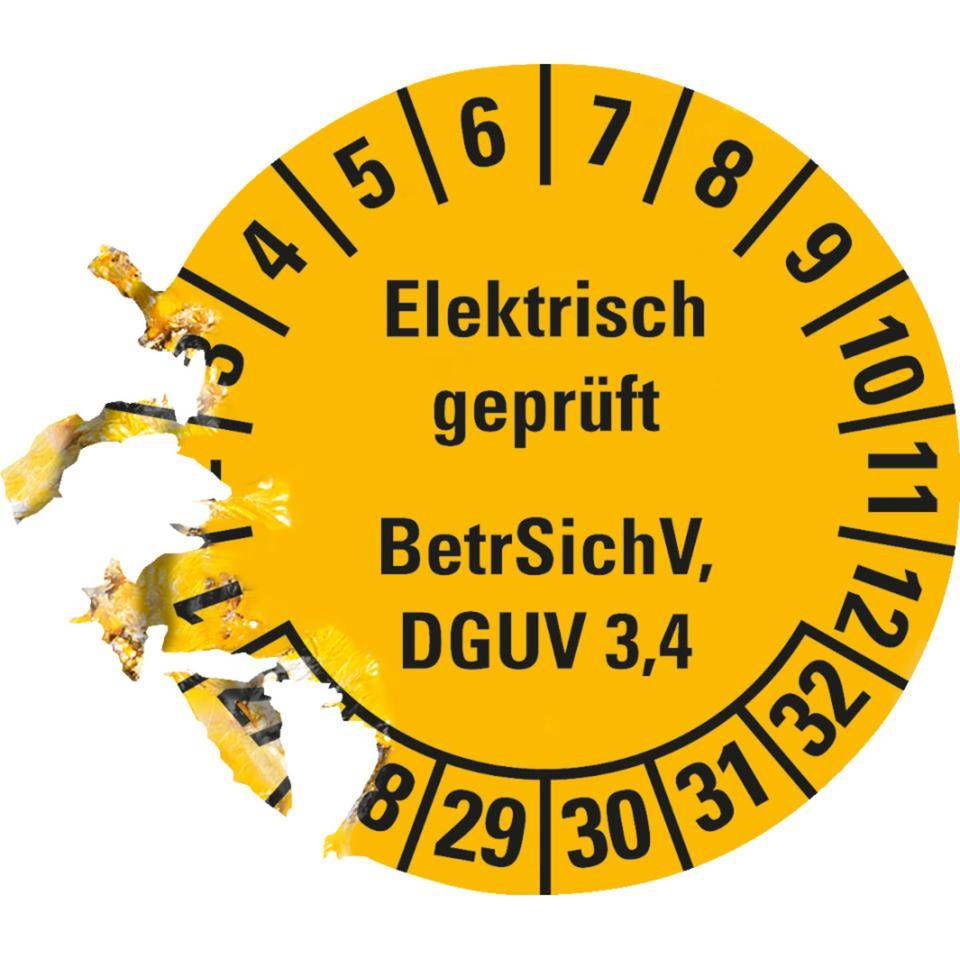 Prüfplakette Elektrisch geprüft, BetrSichV, DGUV 3/4, 27-32, gelb, Dokumentenfolie, Ø 30mm, 18/Bogen