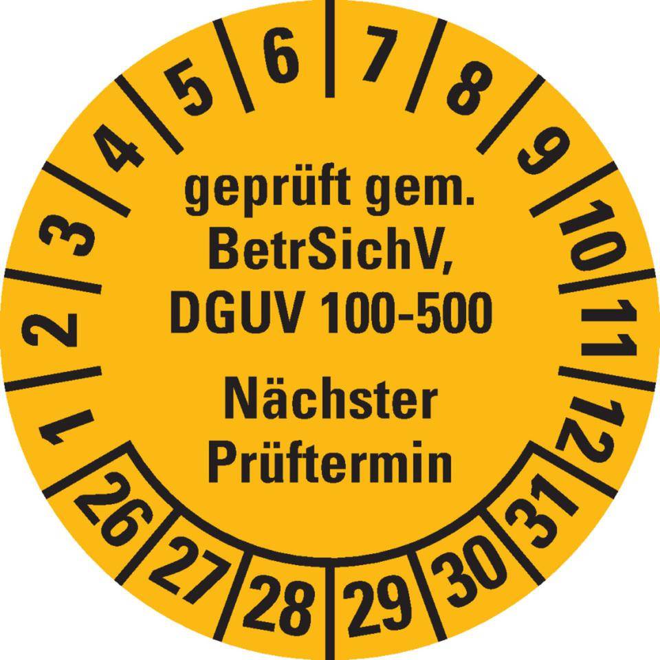 Prüfplakette geprüft gemäß BetrSichV,DGUV 100-500,Nächster Prüftermin,26-31,gelb,Dokumentenfolie,Ø30mm,18/Bogen