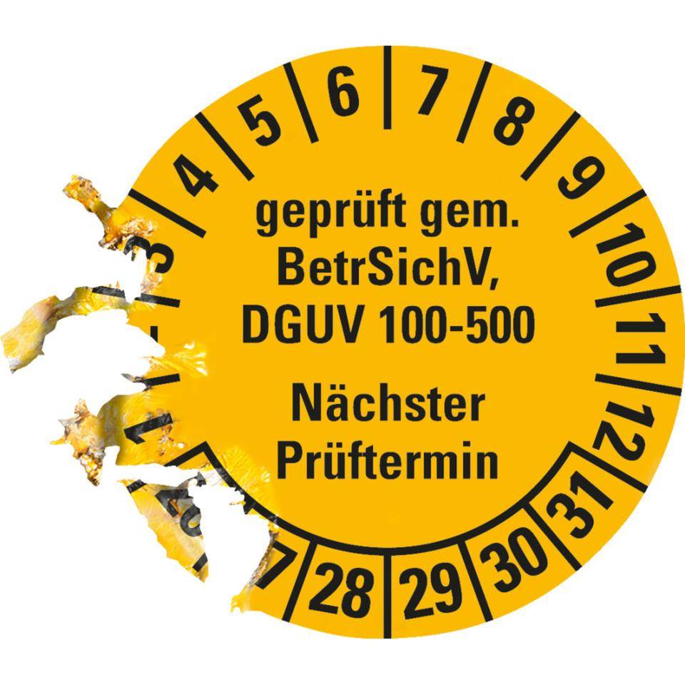 Prüfplakette geprüft gemäß BetrSichV,DGUV 100-500,Nächster Prüftermin,26-31,gelb,Dokumentenfolie,Ø30mm,18/Bogen