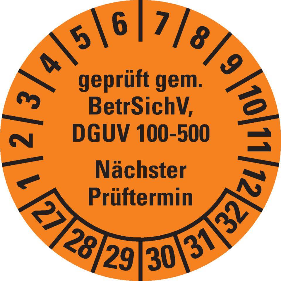 Prüfplakette geprüft gemäß BetrSichV, DGUV 100-500, Nächster Prüftermin, 27-32, orange, Dokumentenfolie, Ø30mm, 18/Bogen