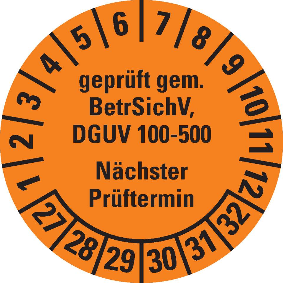 Prüfplakette geprüft gemäß BetrSichV, DGUV 100-500, Nächster Prüftermin, 27-32, orange, Dokumentenfolie, Ø30mm, 18/Bogen