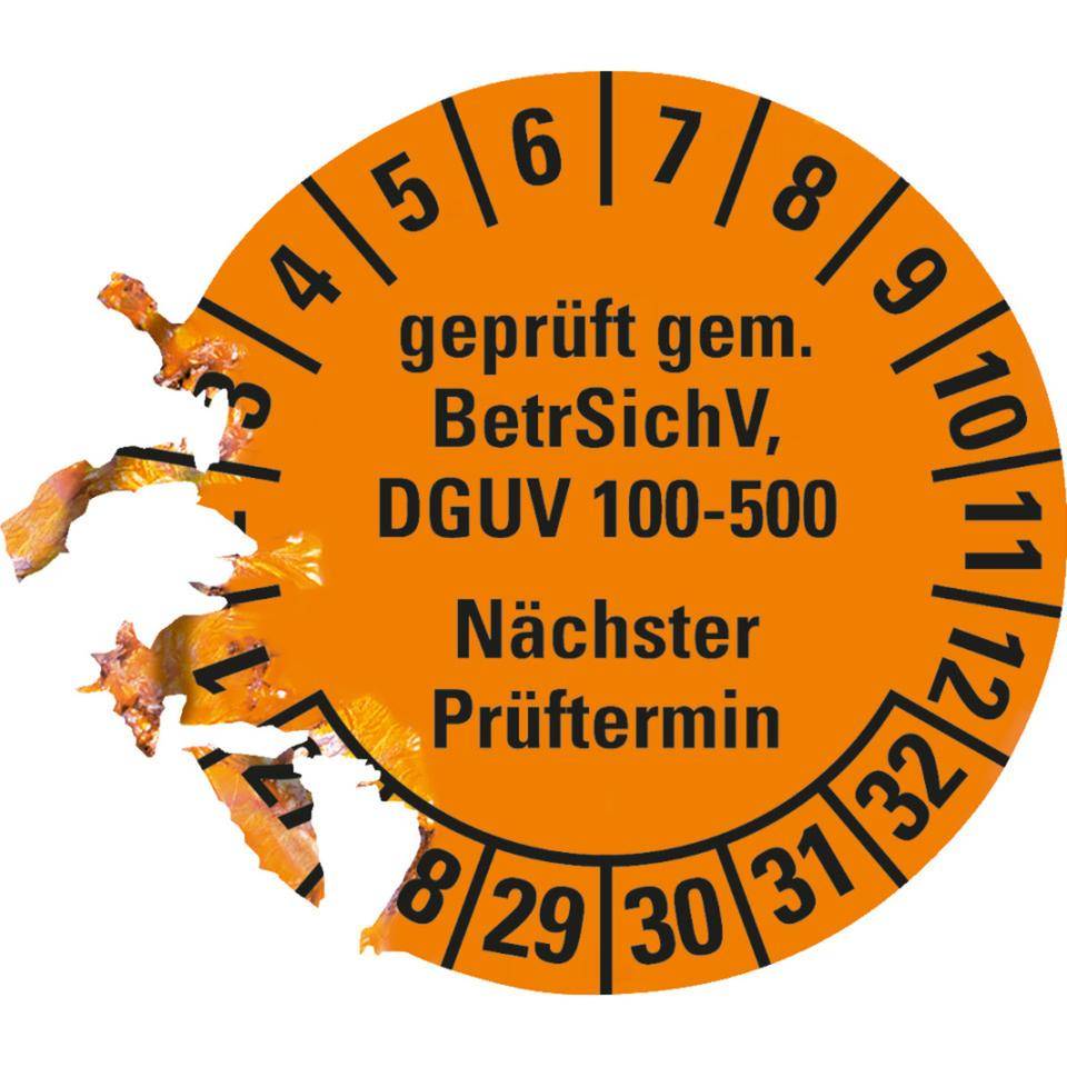 Prüfplakette geprüft gemäß BetrSichV, DGUV 100-500, Nächster Prüftermin, 27-32, orange, Dokumentenfolie, Ø30mm, 18/Bogen