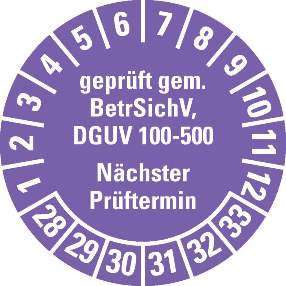 Prüfplakette gep.gemäß BetrSichV, DGUV 100-500, Nächster Prüftermin, 28-33, violett, Dokumentenfolie, Ø30mm, 18/Bogen