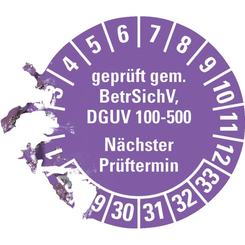 Prüfplakette gep.gemäß BetrSichV, DGUV 100-500, Nächster Prüftermin, 28-33, violett, Dokumentenfolie, Ø30mm, 18/Bogen