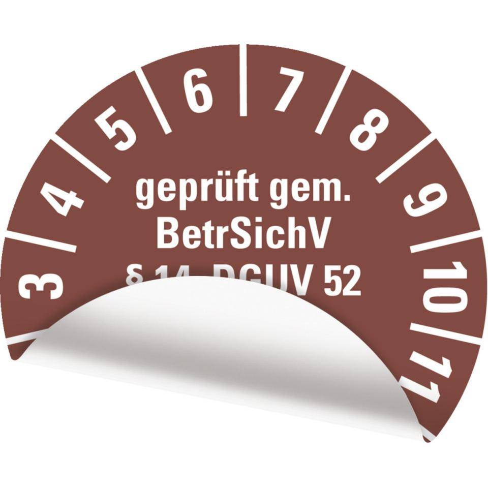 Prüfplakette BetrSichV §14,DGUV52,Nächster Prüftermin,2025,braun,Folie,Spezialkleber,Ø30mm,18/Bogen