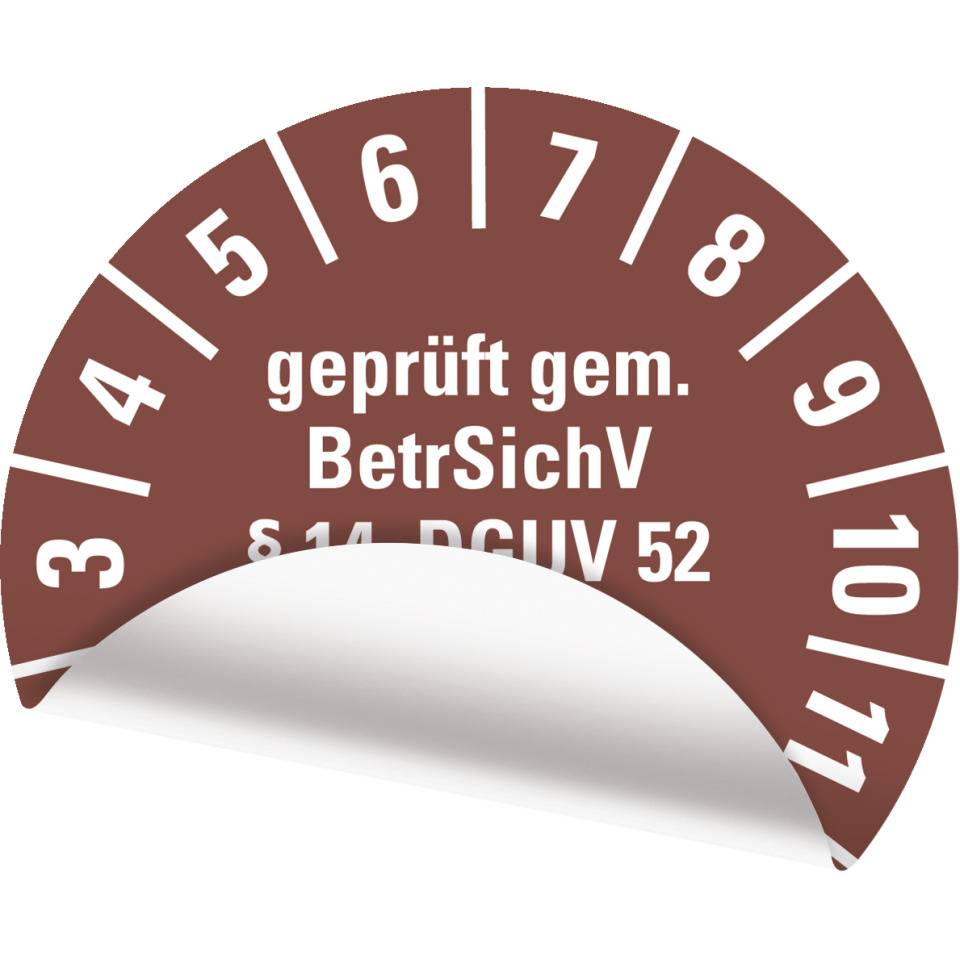 Prüfplakette BetrSichV §14,DGUV52,Nächster Prüftermin,2025,braun,Folie,Spezialkleber,Ø30mm,18/Bogen