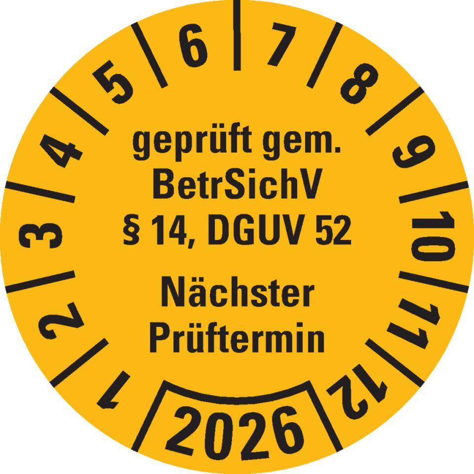 Prüfplakette BetrSichV §14, DGUV52, Nächster Prüftermin, 2026, gelb, Folie, Spezialkleber, Ø30mm, 18/Bogen