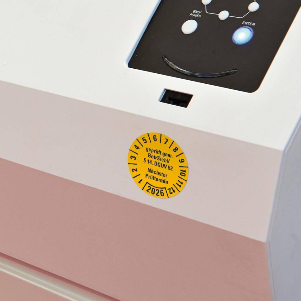 Prüfplakette BetrSichV §14, DGUV52, Nächster Prüftermin, 2026, gelb, Folie, Spezialkleber, Ø30mm, 18/Bogen