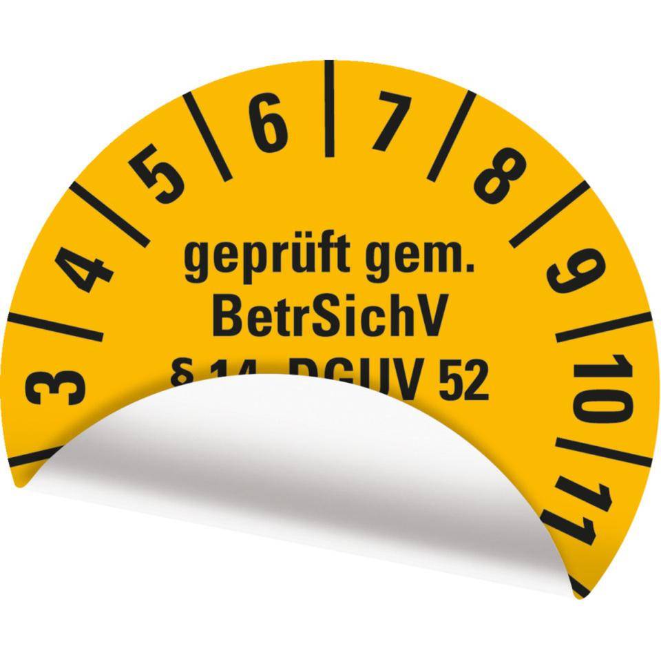 Prüfplakette BetrSichV §14, DGUV52, Nächster Prüftermin, 2026, gelb, Folie, Spezialkleber, Ø30mm, 18/Bogen