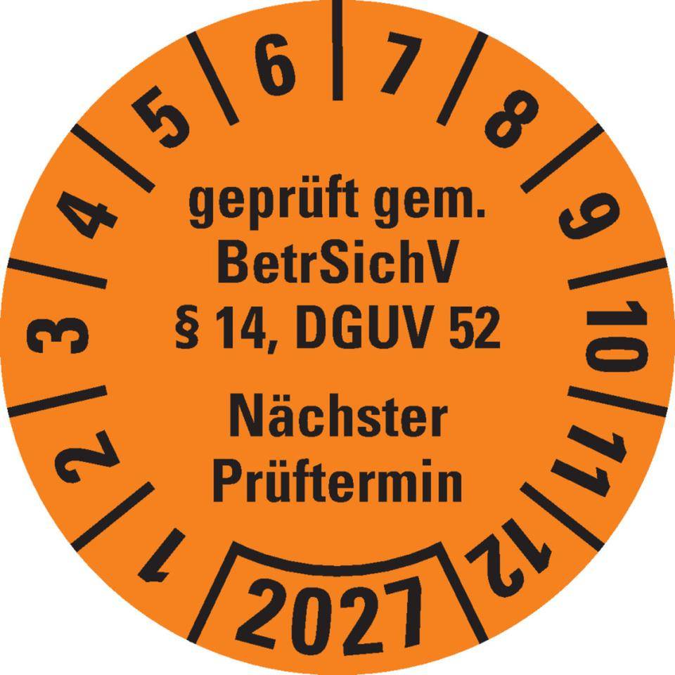 Prüfplakette BetrSichV §14, DGUV52, Nächster Prüftermin, 2027, orange, Folie, Spezialkleber, Ø30mm, 18/Bogen
