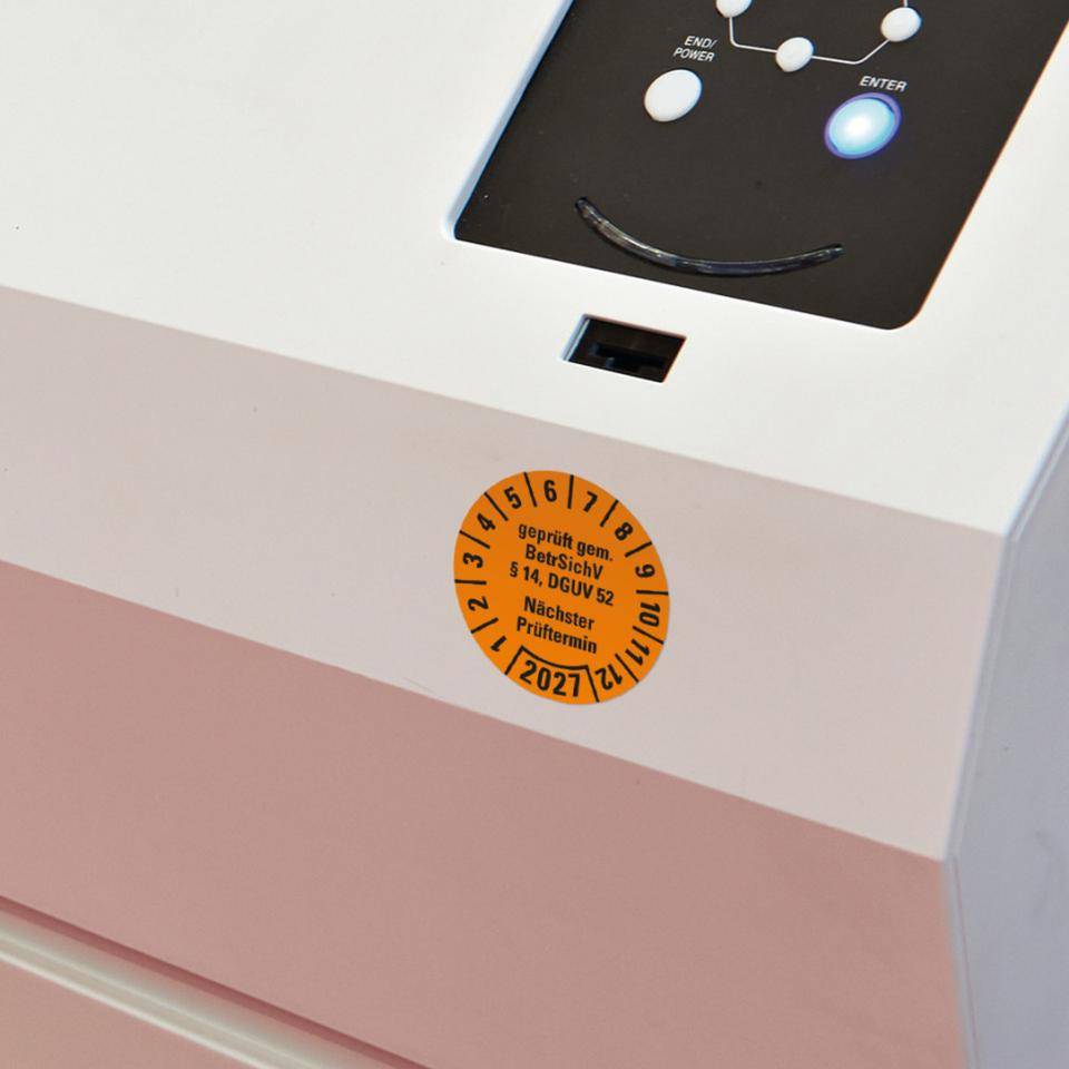 Prüfplakette BetrSichV §14, DGUV52, Nächster Prüftermin, 2027, orange, Folie, Spezialkleber, Ø30mm, 18/Bogen