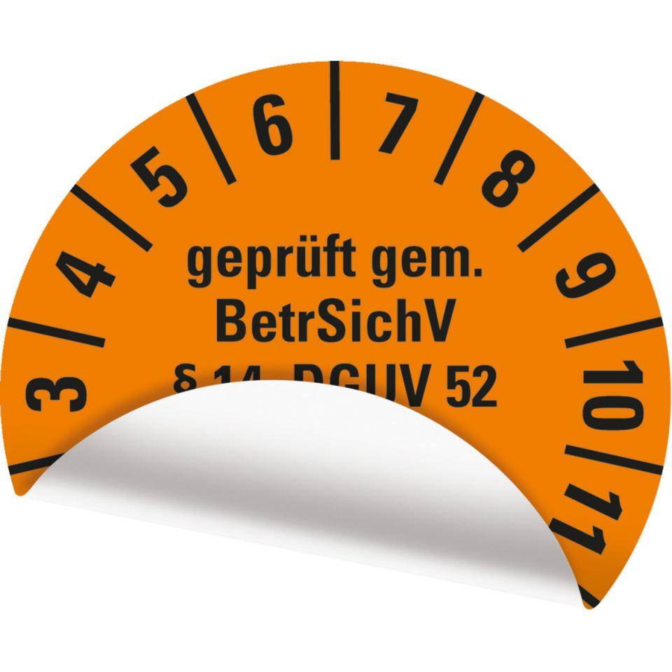 Prüfplakette BetrSichV §14, DGUV52, Nächster Prüftermin, 2027, orange, Folie, Spezialkleber, Ø30mm, 18/Bogen