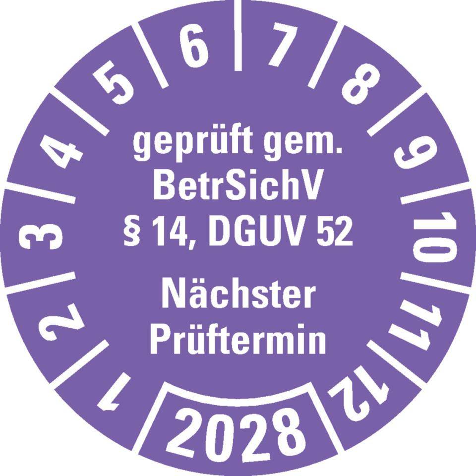 Prüfplakette BetrSichV §14, DGUV52, Nächster Prüftermin, 2028, violett, Folie, Spezialkleber, Ø30mm, 18/Bogen