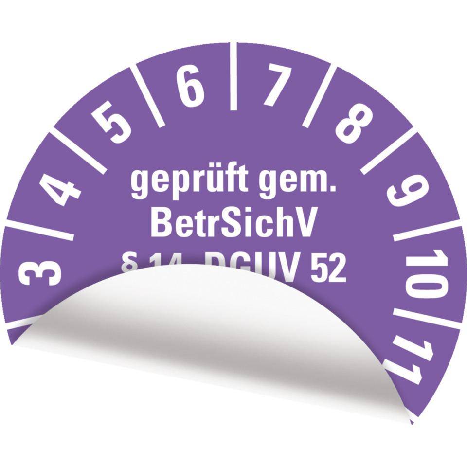 Prüfplakette BetrSichV §14, DGUV52, Nächster Prüftermin, 2028, violett, Folie, Spezialkleber, Ø30mm, 18/Bogen
