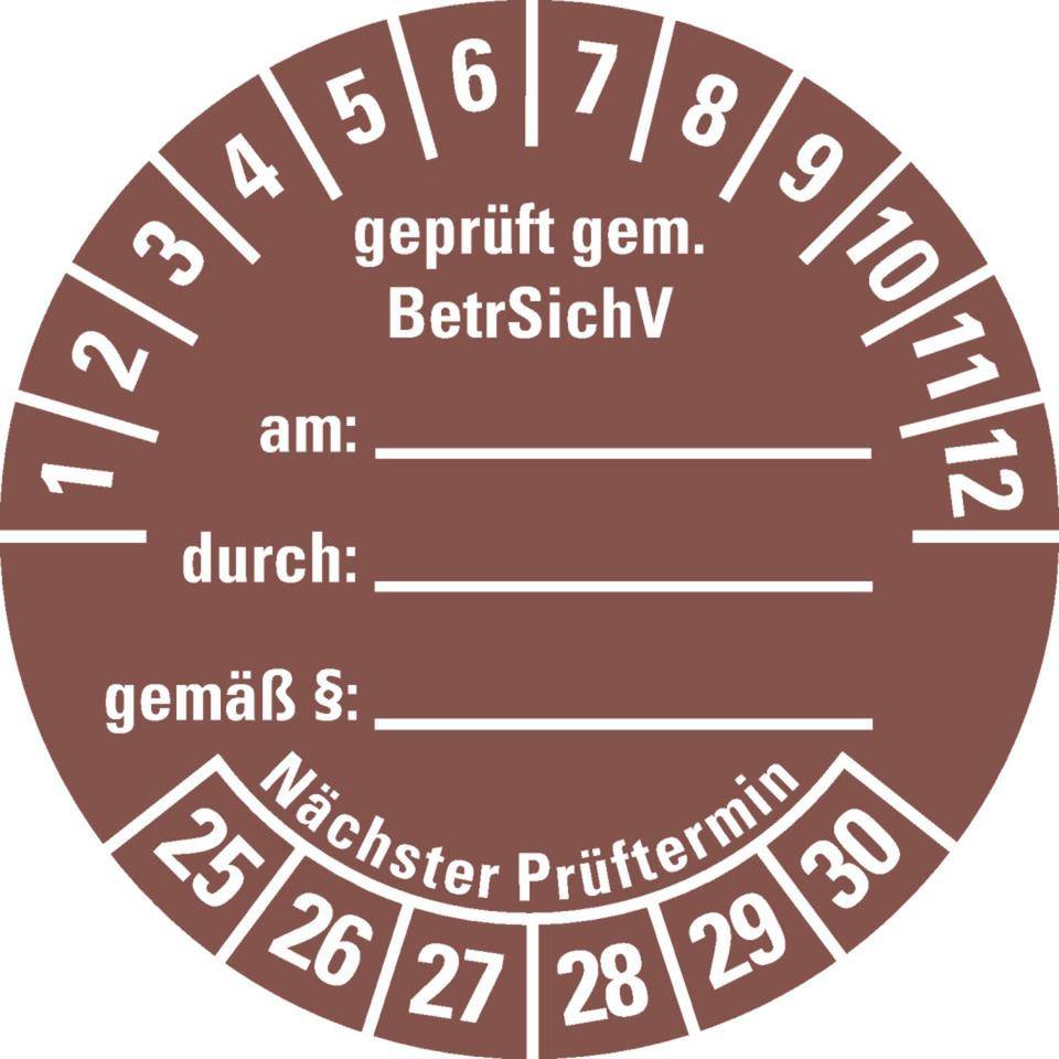 Prüfplakette gemäß BetrSichV,beschriftbar,25-30,braun,Dokumentenfolie,Ø40mm,10/BOG