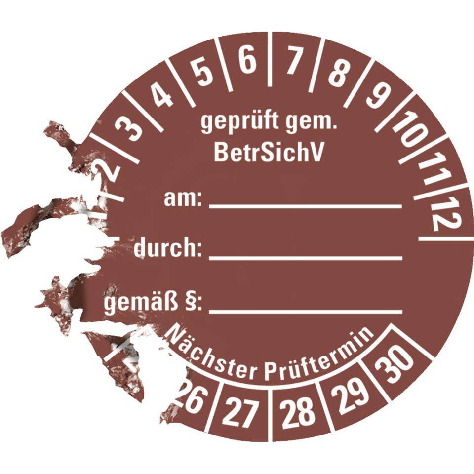 Prüfplakette gemäß BetrSichV,beschriftbar,25-30,braun,Dokumentenfolie,Ø40mm,10/BOG