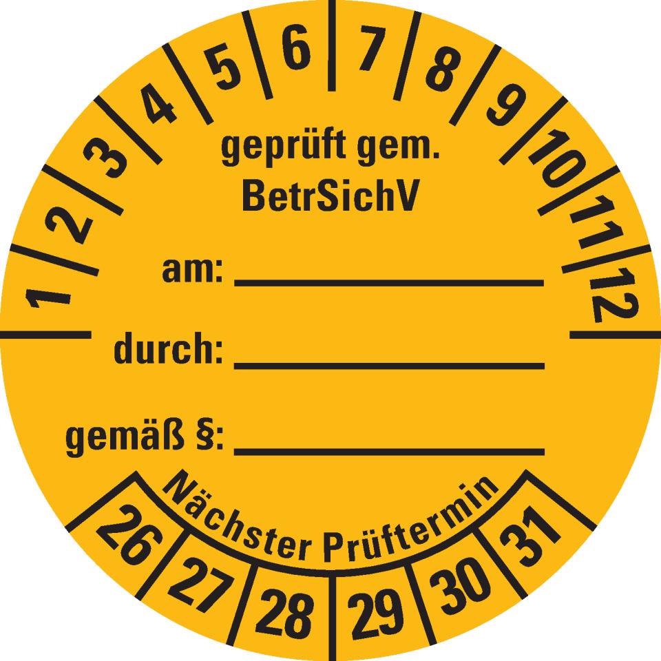 Prüfplakette gemäß BetrSichV, beschriftbar, 26-31, gelb, Dokumentenfolie, Ø40mm, 10/BOG