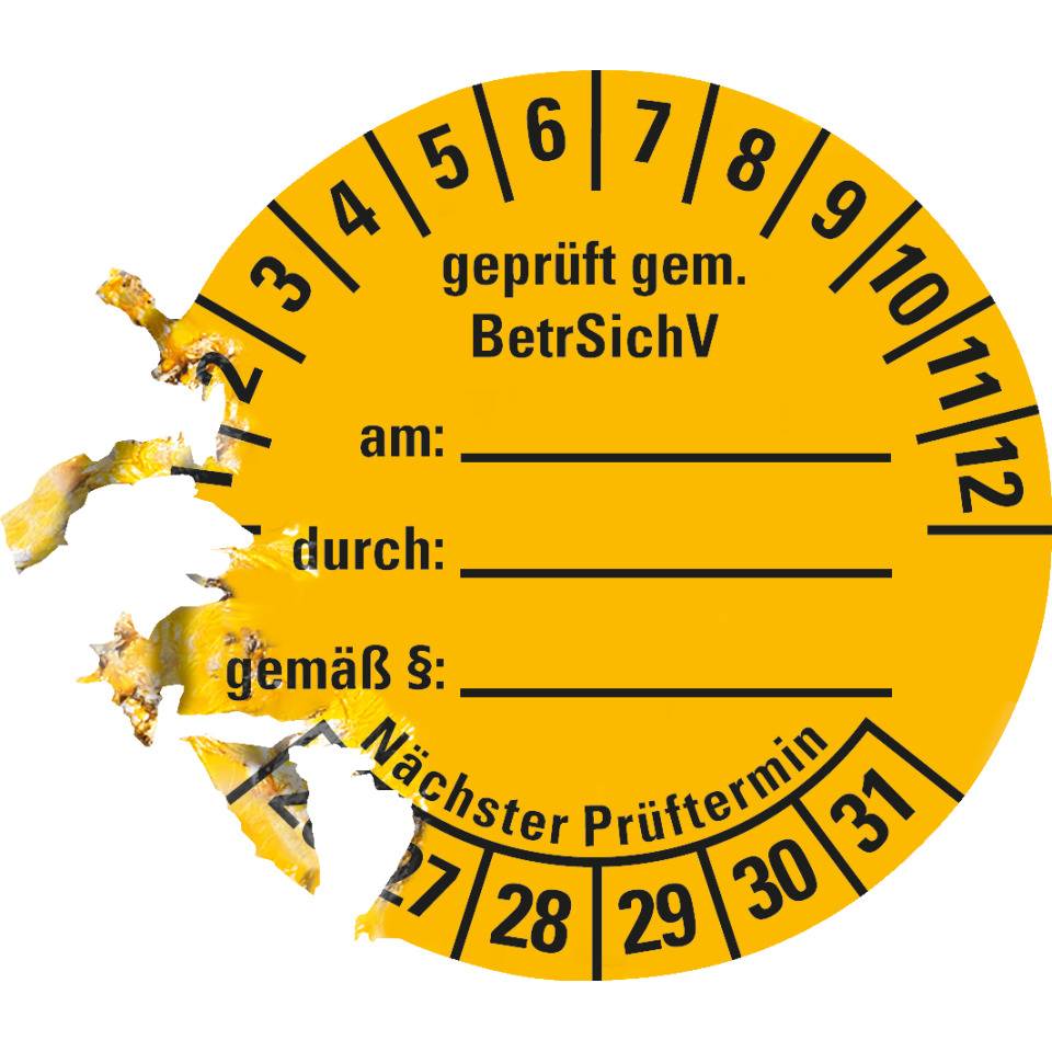 Prüfplakette gemäß BetrSichV, beschriftbar, 26-31, gelb, Dokumentenfolie, Ø40mm, 10/BOG