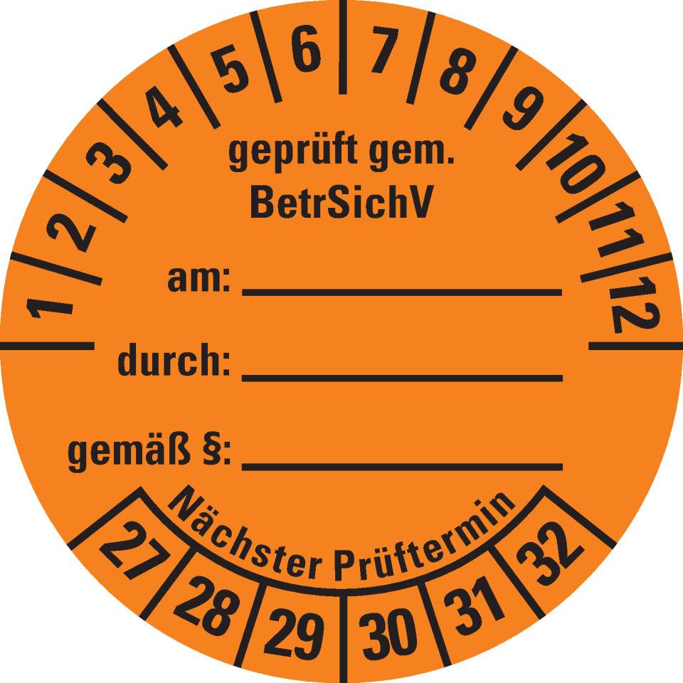 Prüfplakette gemäß BetrSichV, beschriftbar, 27-32, orange, Dokumentenfolie, Ø40mm, 10/BOG
