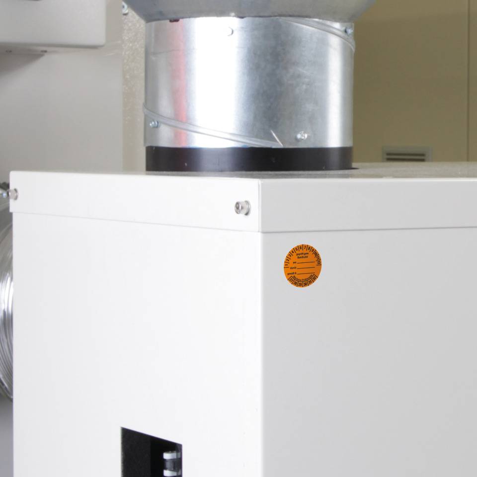 Prüfplakette gemäß BetrSichV, beschriftbar, 27-32, orange, Dokumentenfolie, Ø40mm, 10/BOG