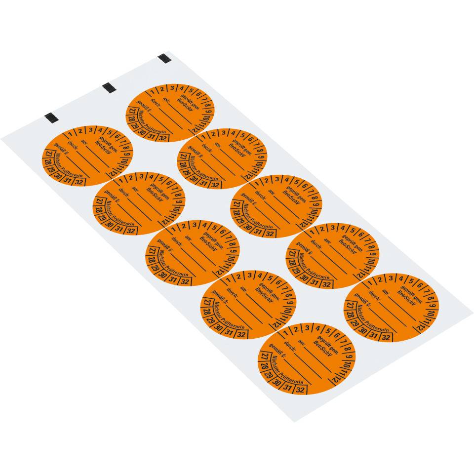 Prüfplakette gemäß BetrSichV, beschriftbar, 27-32, orange, Dokumentenfolie, Ø40mm, 10/BOG