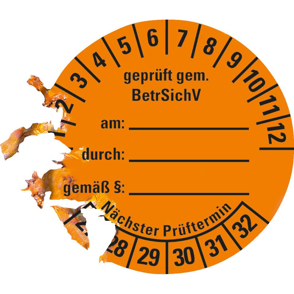Prüfplakette gemäß BetrSichV, beschriftbar, 27-32, orange, Dokumentenfolie, Ø40mm, 10/BOG