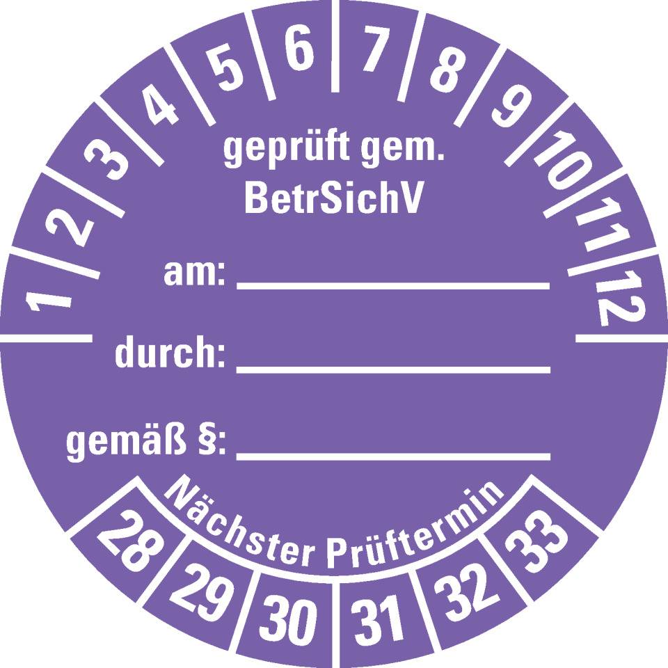 Prüfplakette gemäß BetrSichV, beschriftbar, 28-33, violett, Dokumentenfolie, Ø40mm, 10/BOG
