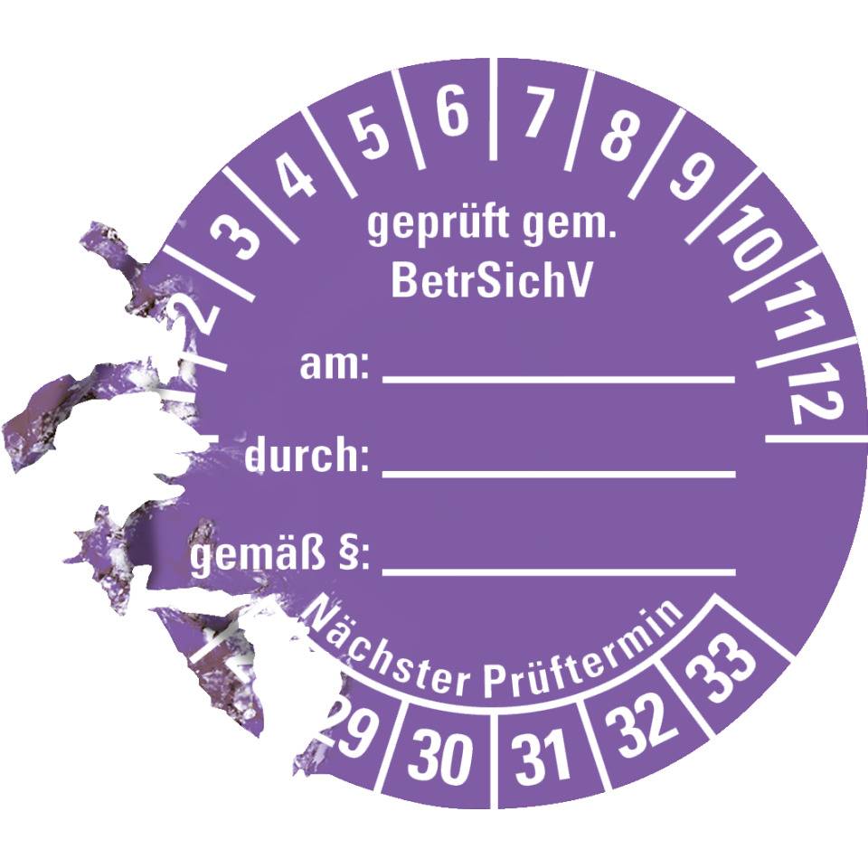 Prüfplakette gemäß BetrSichV, beschriftbar, 28-33, violett, Dokumentenfolie, Ø40mm, 10/BOG