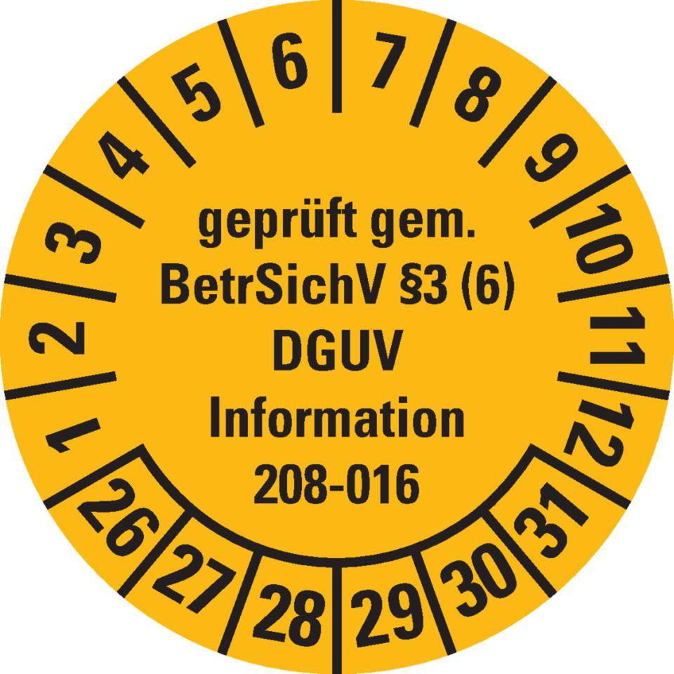 Prüfplakette geprüft gemäß BetrSichV §3(6), DGUV, 26-31, gelb, Folie, Ø30mm, 18/Bogen