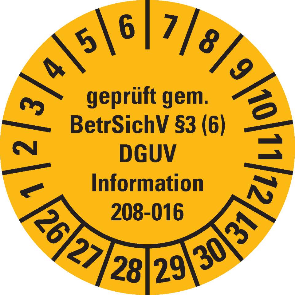 Prüfplakette geprüft gemäß BetrSichV §3 (6), DGUV Information, 26-31, gelb, Dokumentenfolie, Ø 30mm, 18/Bogen