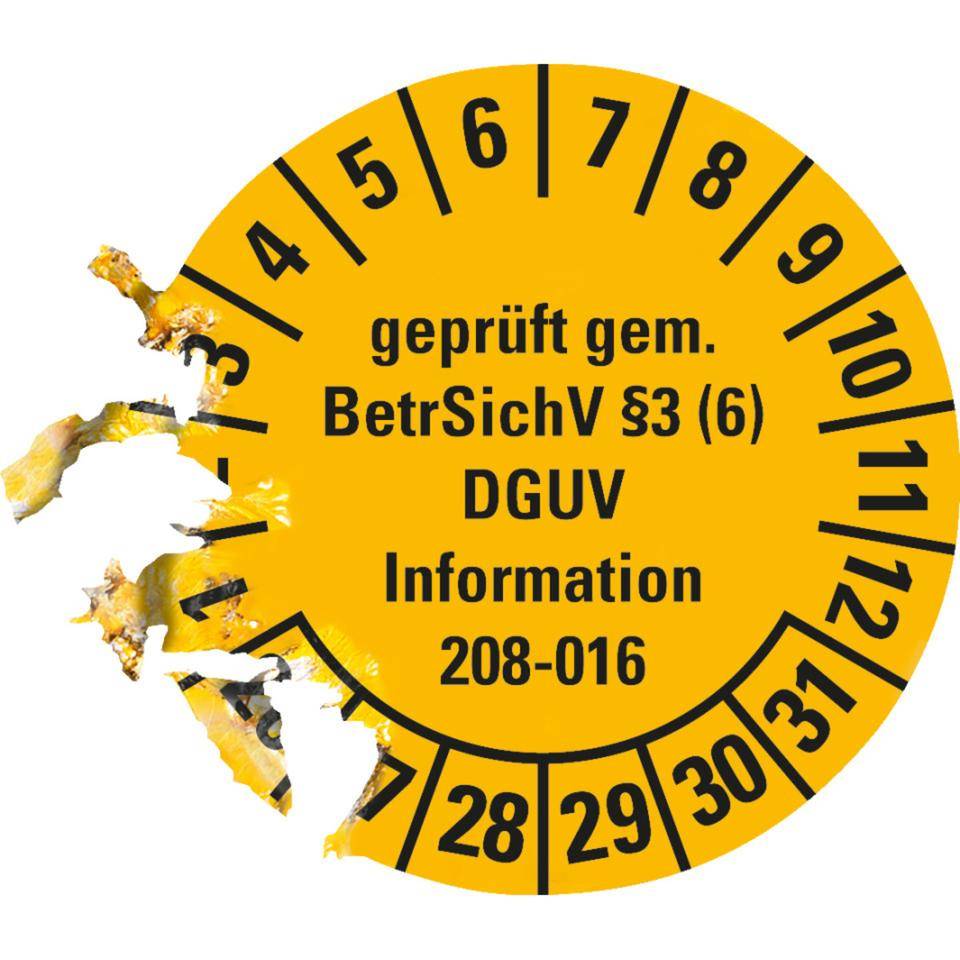 Prüfplakette geprüft gemäß BetrSichV §3 (6), (ehemals BGV D 36),DGUV Information, 26-31, gelb, Dokumentenfolie, Ø 30mm, 18/Bogen