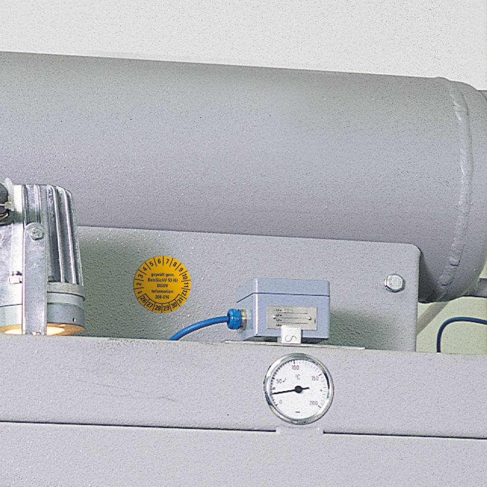 Prüfplakette geprüft gemäß BetrSichV §3 (6), DGUV Information, 26-31, gelb, Dokumentenfolie, Ø 30mm, 18/Bogen