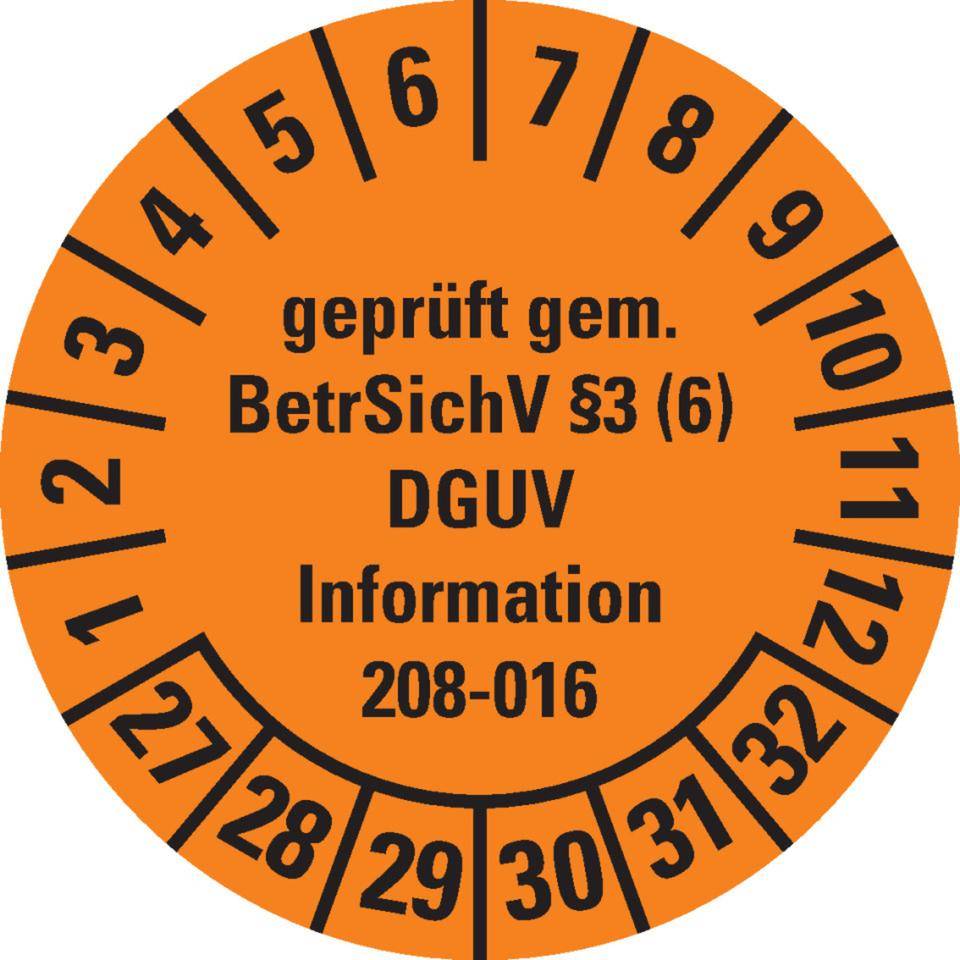 Prüfplakette geprüft gemäß BetrSichV §3(6), DGUV, 27-32, orange,Folie, Ø30mm, 18/Bogen