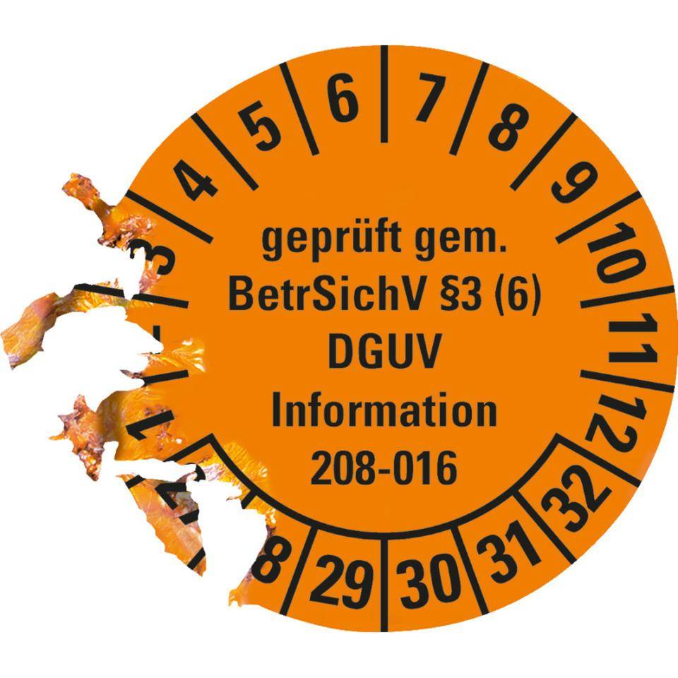 Prüfplakette geprüft gemäß BetrSichV §3(6), (ehemals BGV D 36), DGUV Information, 27-32, orange, Dokumentenfolie, Ø 30mm, 18/Bogen