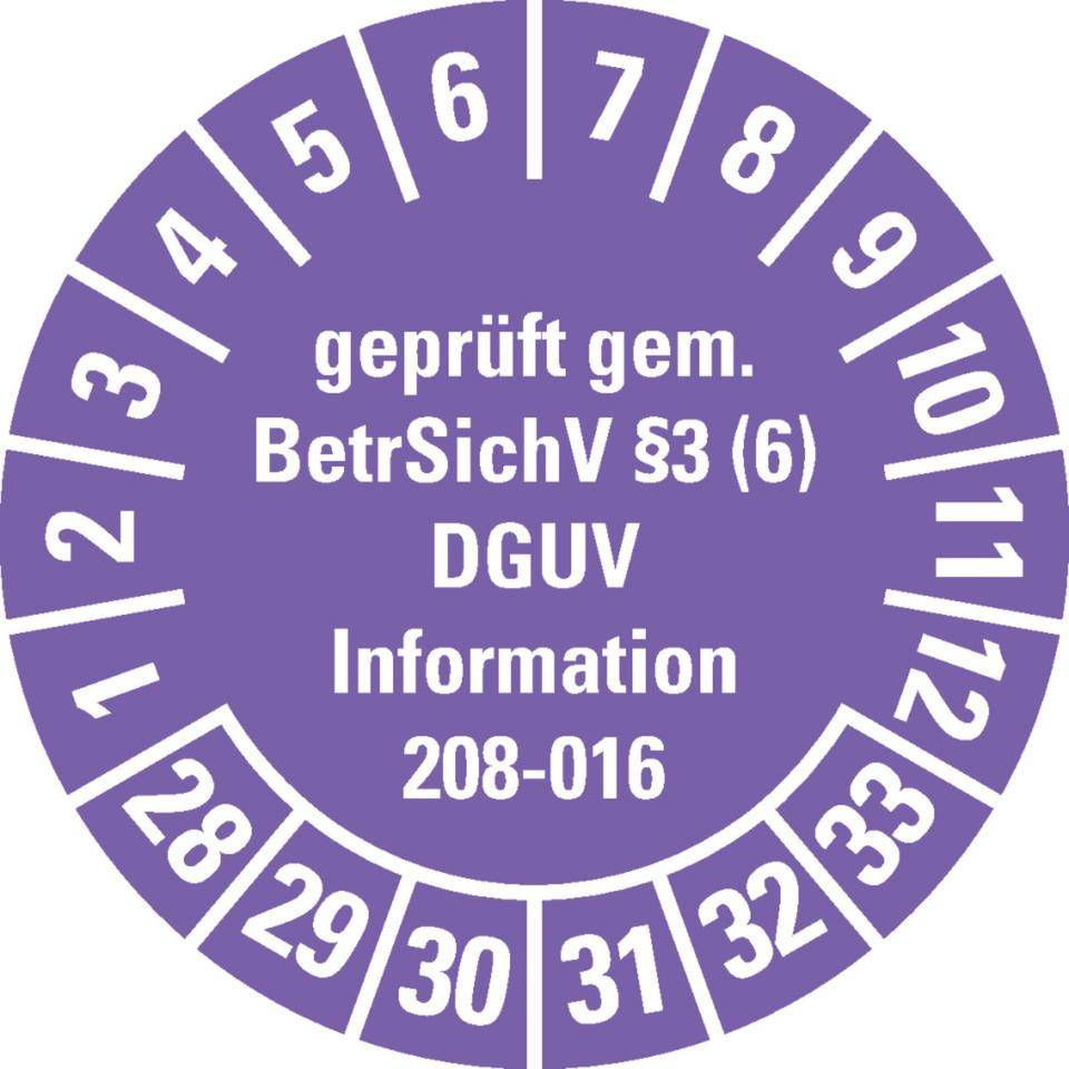 Prüfplakette geprüft gemäß BetrSichV §3(6)DGUV, 28-33, violett, Dokumentenfolie, Ø 30mm, 18/Bogen