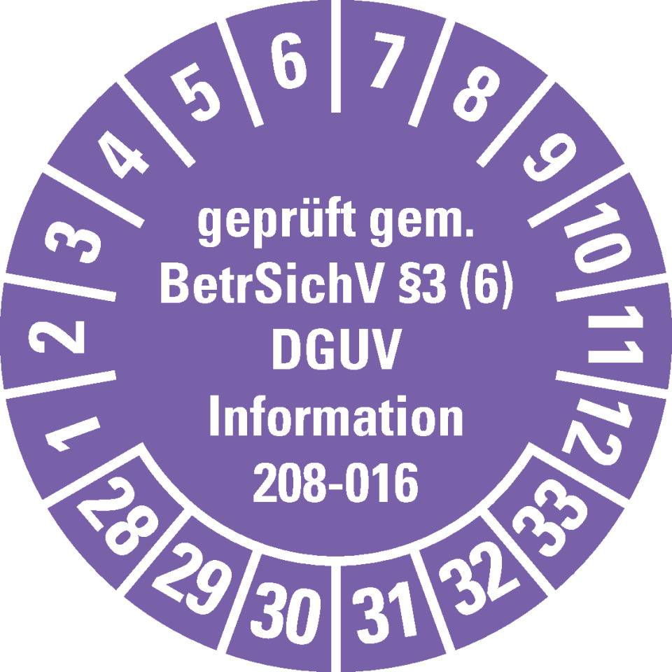 Prüfplakette geprüft gemäß BetrSichV §3(6), DGUV, 28-33, violett, Folie, Ø30mm, 18/Bogen