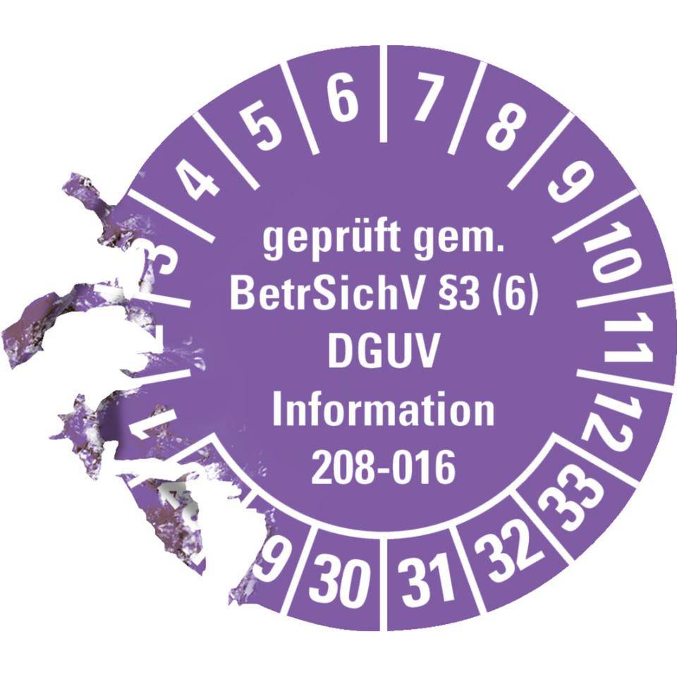 Prüfplakette geprüft gemäß BetrSichV §3(6)DGUV, 28-33, violett, Dokumentenfolie, Ø 30mm, 18/Bogen