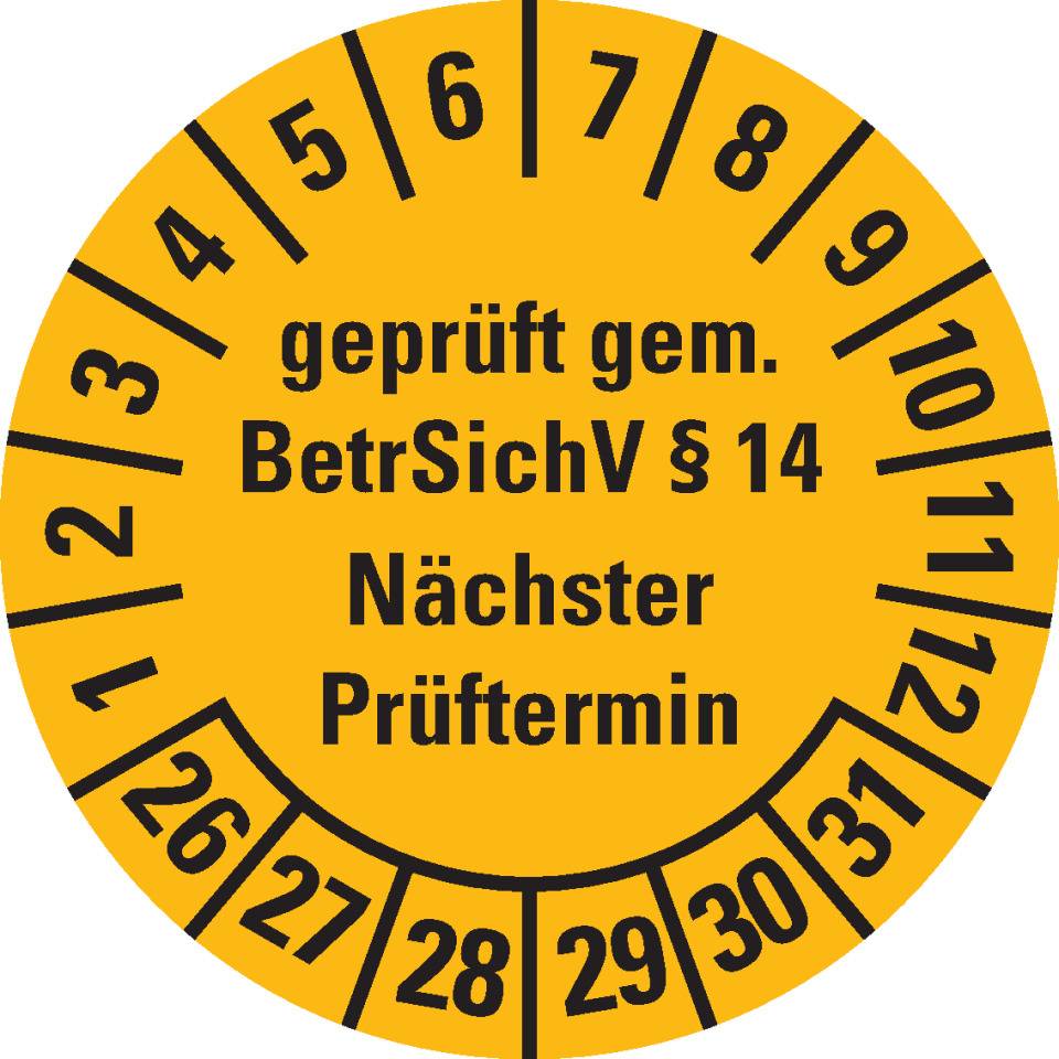 Prüfplakette geprüft gemäß BetrSichV §14, 26-31, gelb, Dokumentenfolie, Ø30mm, 18/Bogen
