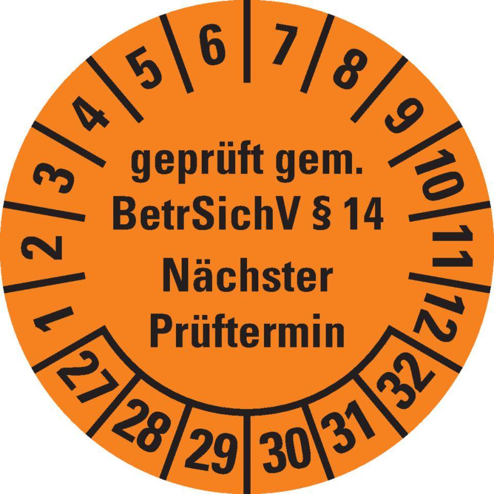 Prüfplakette geprüft gemäß BetrSichV §14, 27-32, orange, Dokumentenfolie, Ø30mm, 18/Bogen