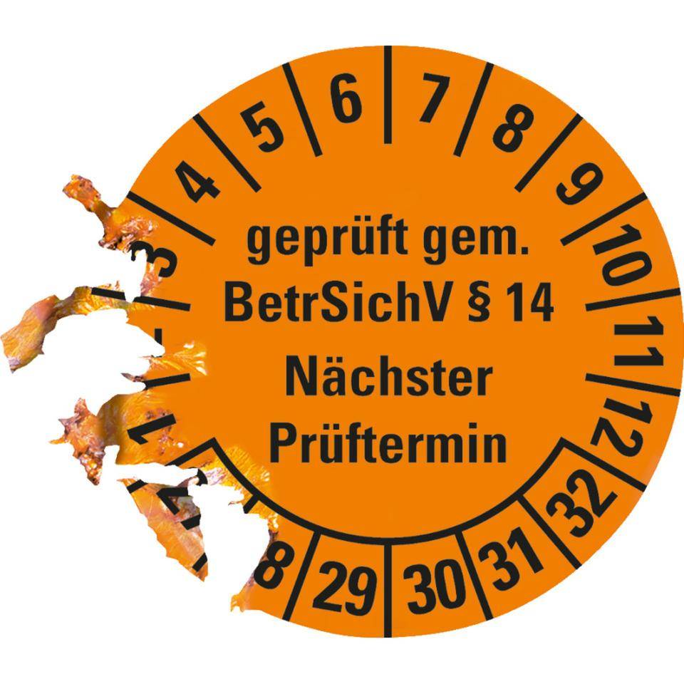 Prüfplakette geprüft gemäß BetrSichV §14, 27-32, orange, Dokumentenfolie, Ø30mm, 18/Bogen