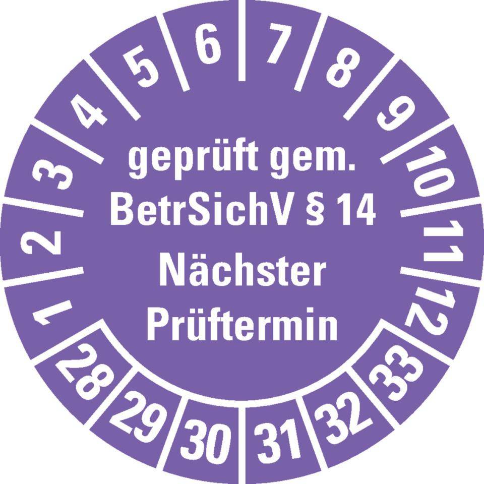 Prüfplakette geprüft gemäß BetrSichV §14, 28-33, violett, Dokumentenfolie, Ø30mm, 18/Bogen