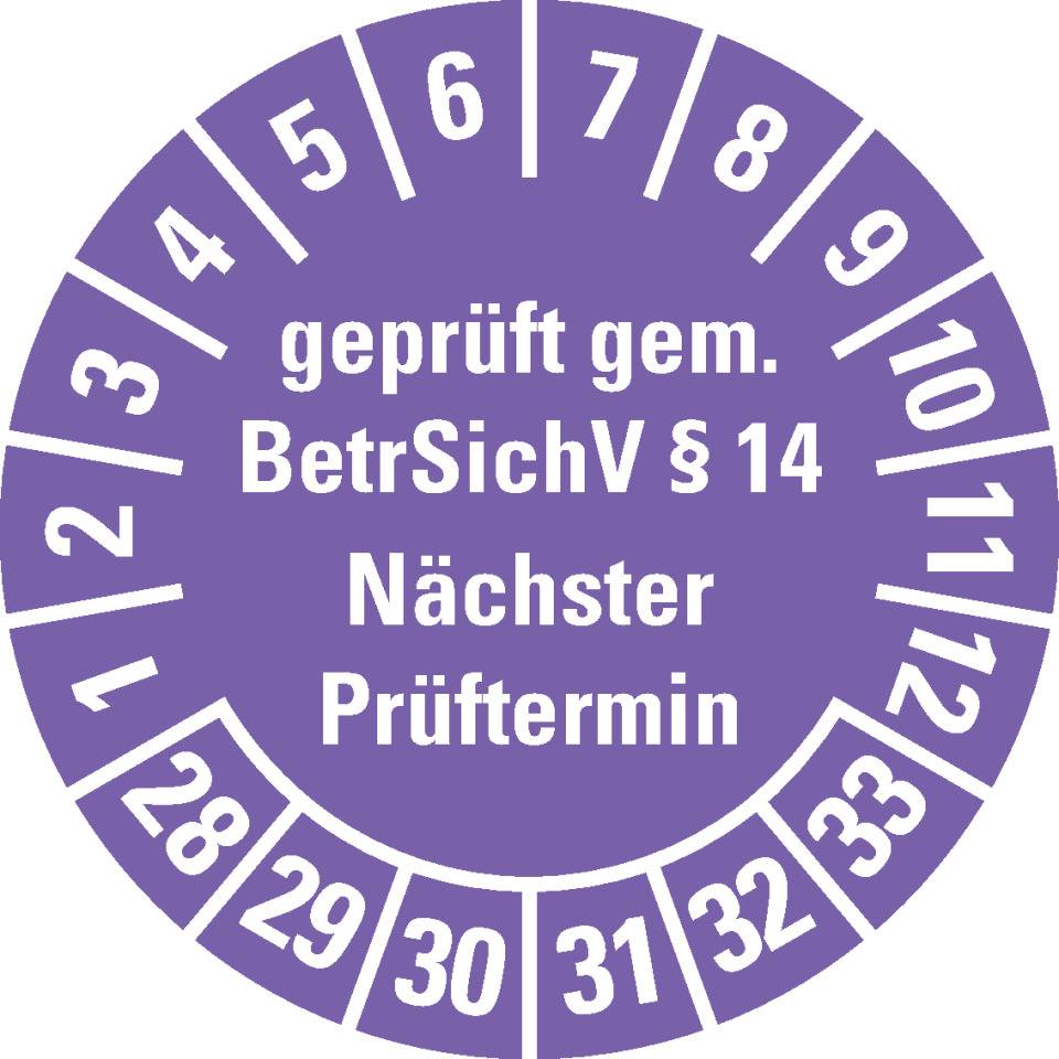 Prüfplakette geprüft gemäß BetrSichV §14, 28-33, violett, Dokumentenfolie, Ø30mm, 18/Bogen