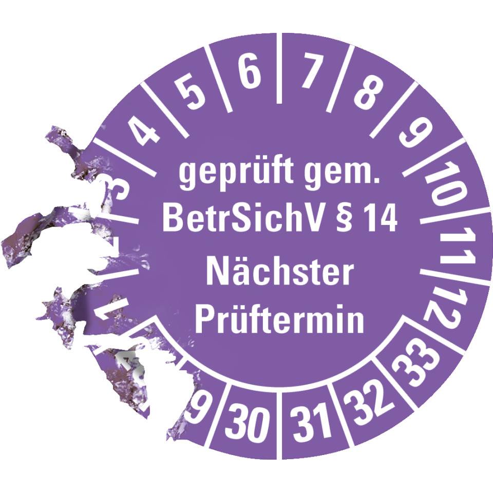 Prüfplakette geprüft gemäß BetrSichV §14, 28-33, violett, Dokumentenfolie, Ø30mm, 18/Bogen
