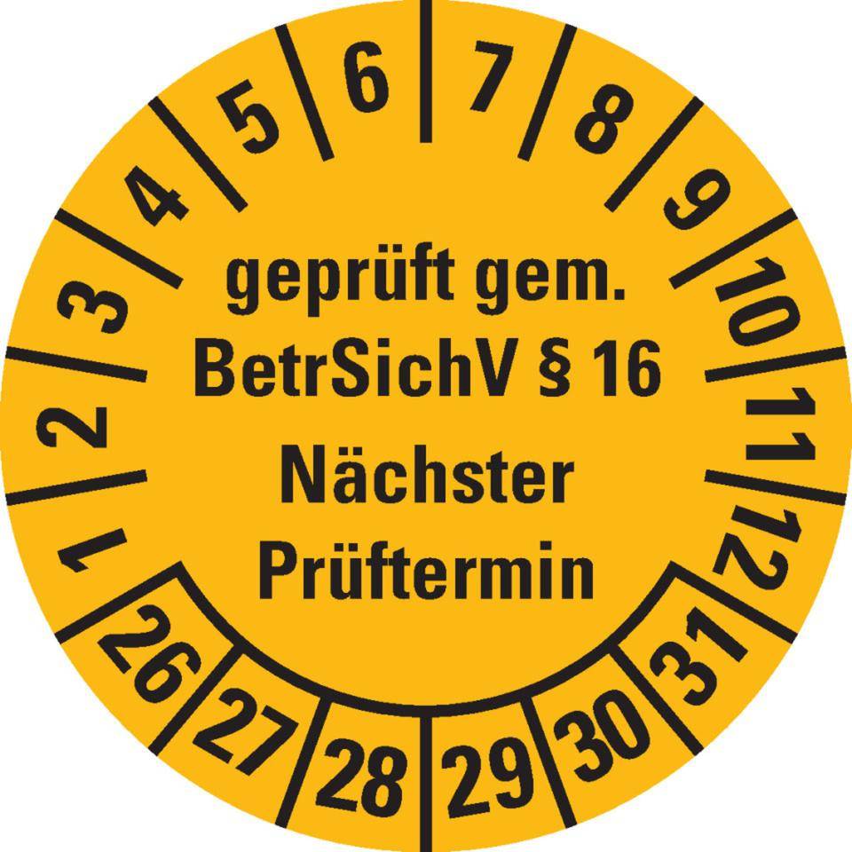 Prüfplakette geprüft gemäß BetrSichV §16, 26-31, gelb, Dokumentenfolie, Ø 30mm, 18/Bogen
