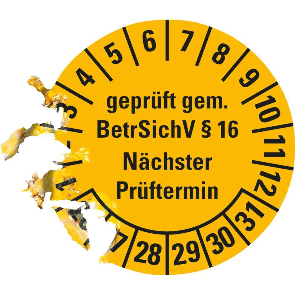 Prüfplakette geprüft gemäß BetrSichV §16, 26-31, gelb, Dokumentenfolie, Ø 30mm, 18/Bogen